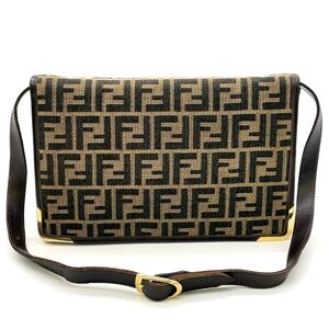 Auth Fendi Zucca Canvas x Leather Khaki x Black 2Way Shoulder  Bag